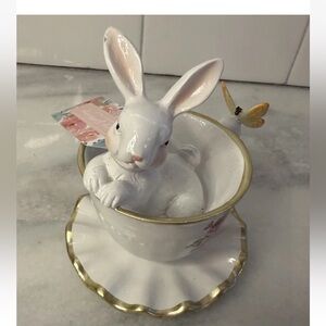SPRING GATHERINGS Easter Bunny Rabbit in Teacup Floral Pink Bow Butterfly Decor